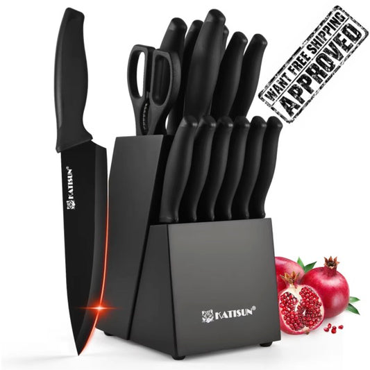 15-Piece Carbon Steel Kitchen Knife Set – Storage Block with Built-In Sharpener