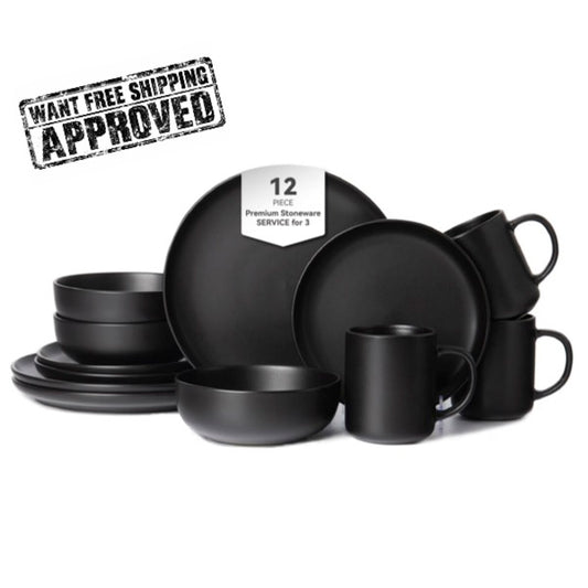 12-Piece Matte Stoneware Dinnerware Set with Mugs – Black