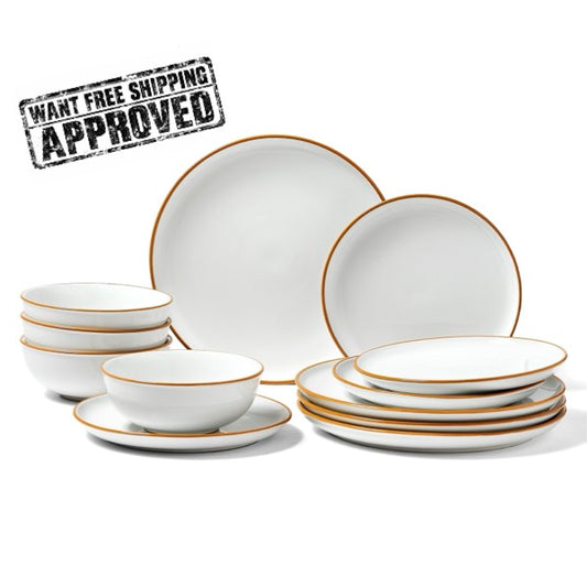12-Piece White & Gold Ceramic Dinnerware Set – Service for 4