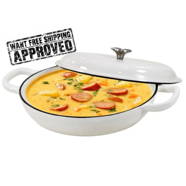 3.8QT Enameled Cast Iron Braiser with Lid – White